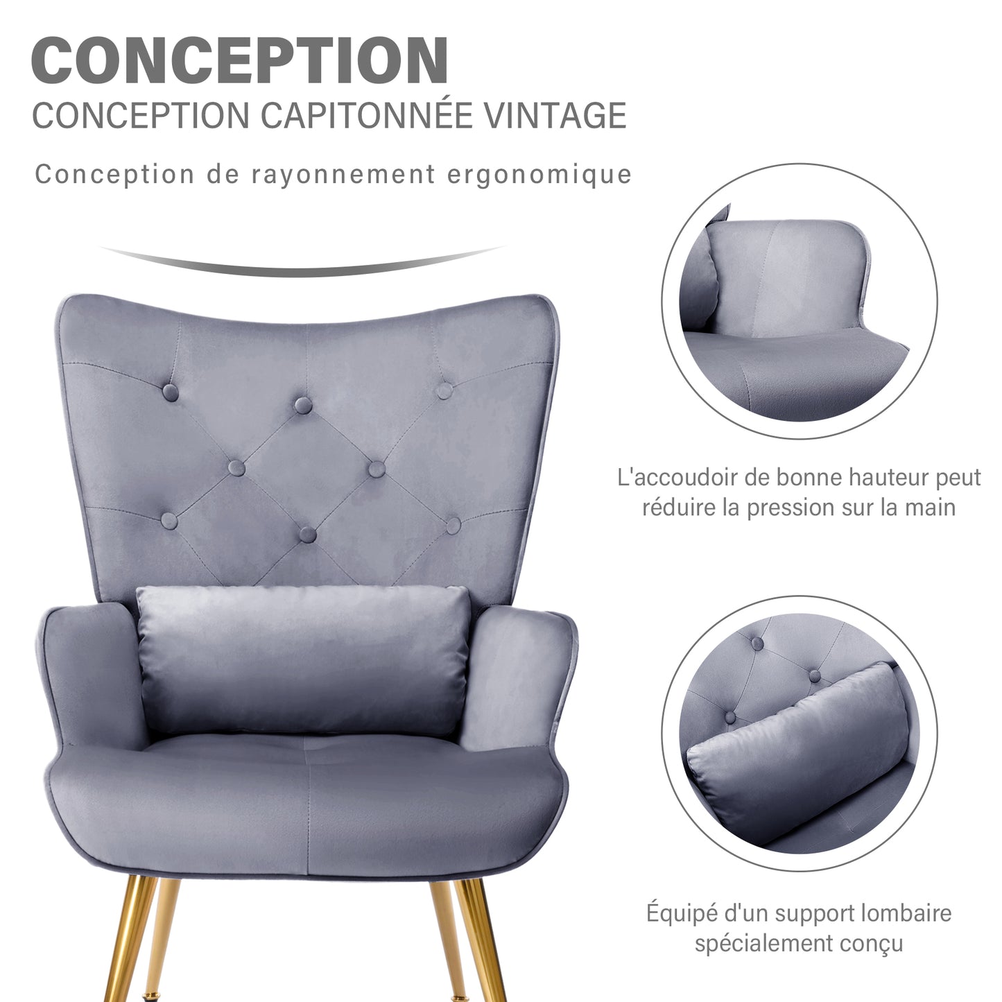 Fauteuil de Salon Scandinave avec Oreiller Lombaire Fauteuil Style Moderne en Tissu Velours pour Salon, Chambre Gris Clair