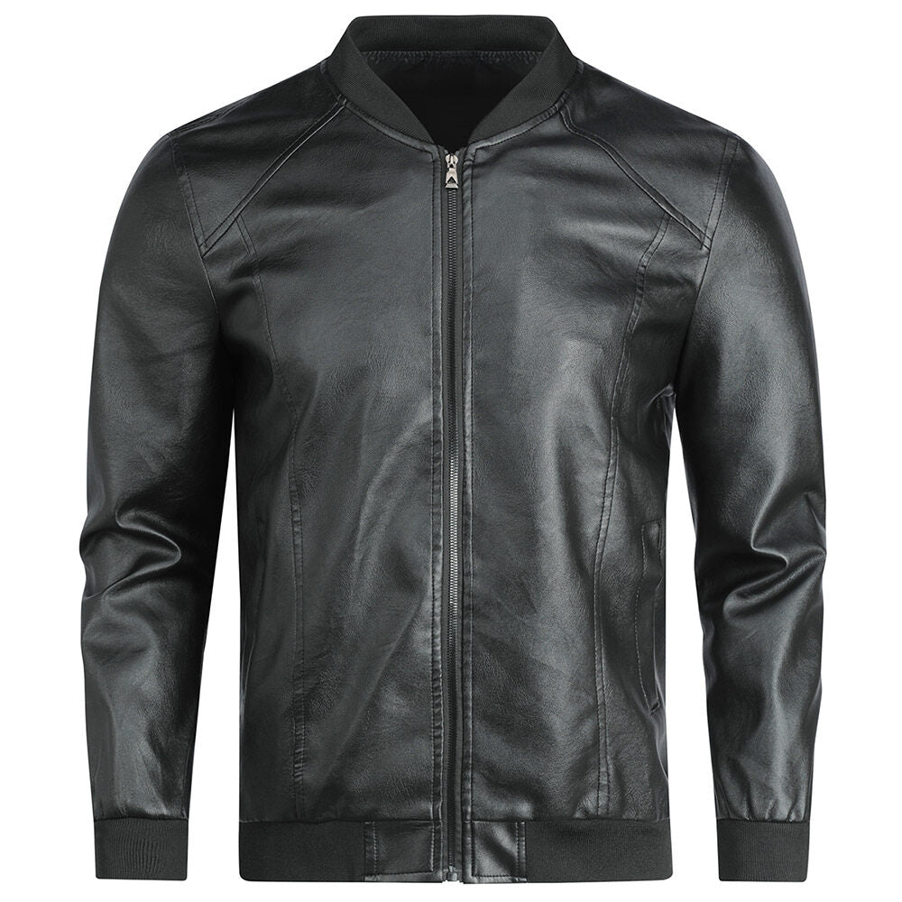 Youthup Mens Round Neck Motorcycle Cropped Leather Jacket