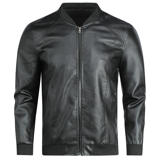 Youthup Mens Round Neck Motorcycle Cropped Leather Jacket