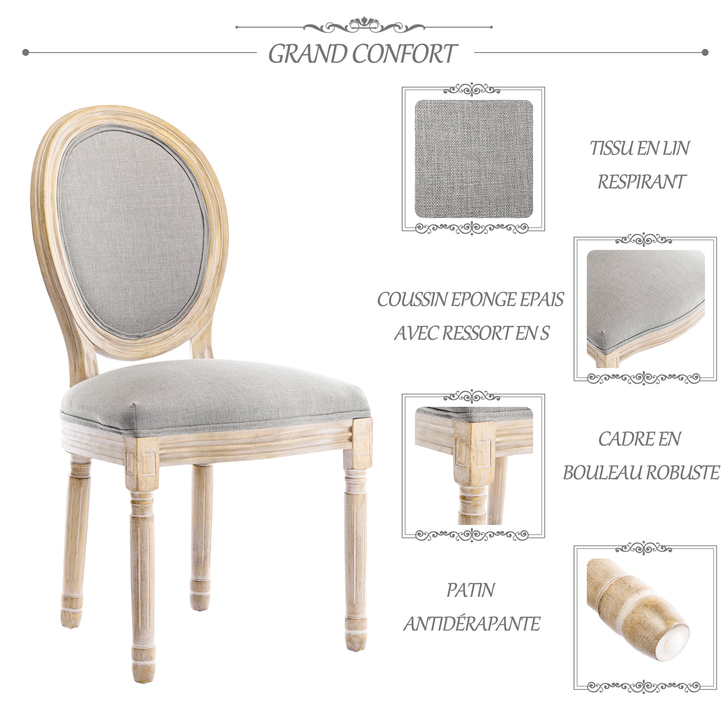 Chaise Médaillon Lot de 2, Chaise de Salle à Manger de Style Louis-XVI en Tissu Lin,Chaises de Dîner Dossier Doux,Gris