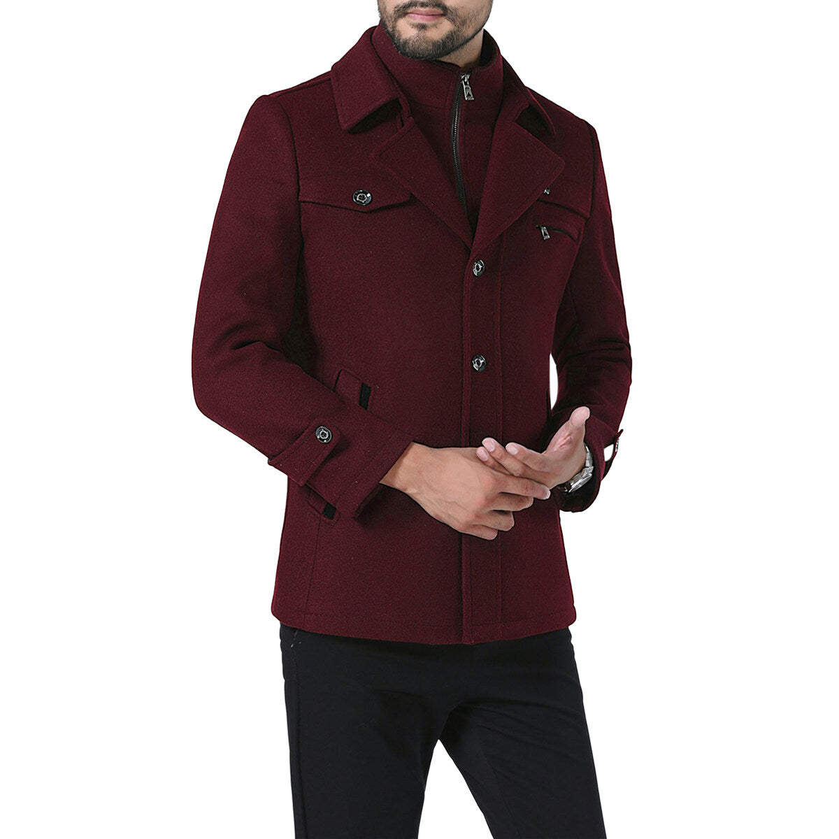 Youthup Mens Short Overcoat Fake Two-Piece Wool Jacket