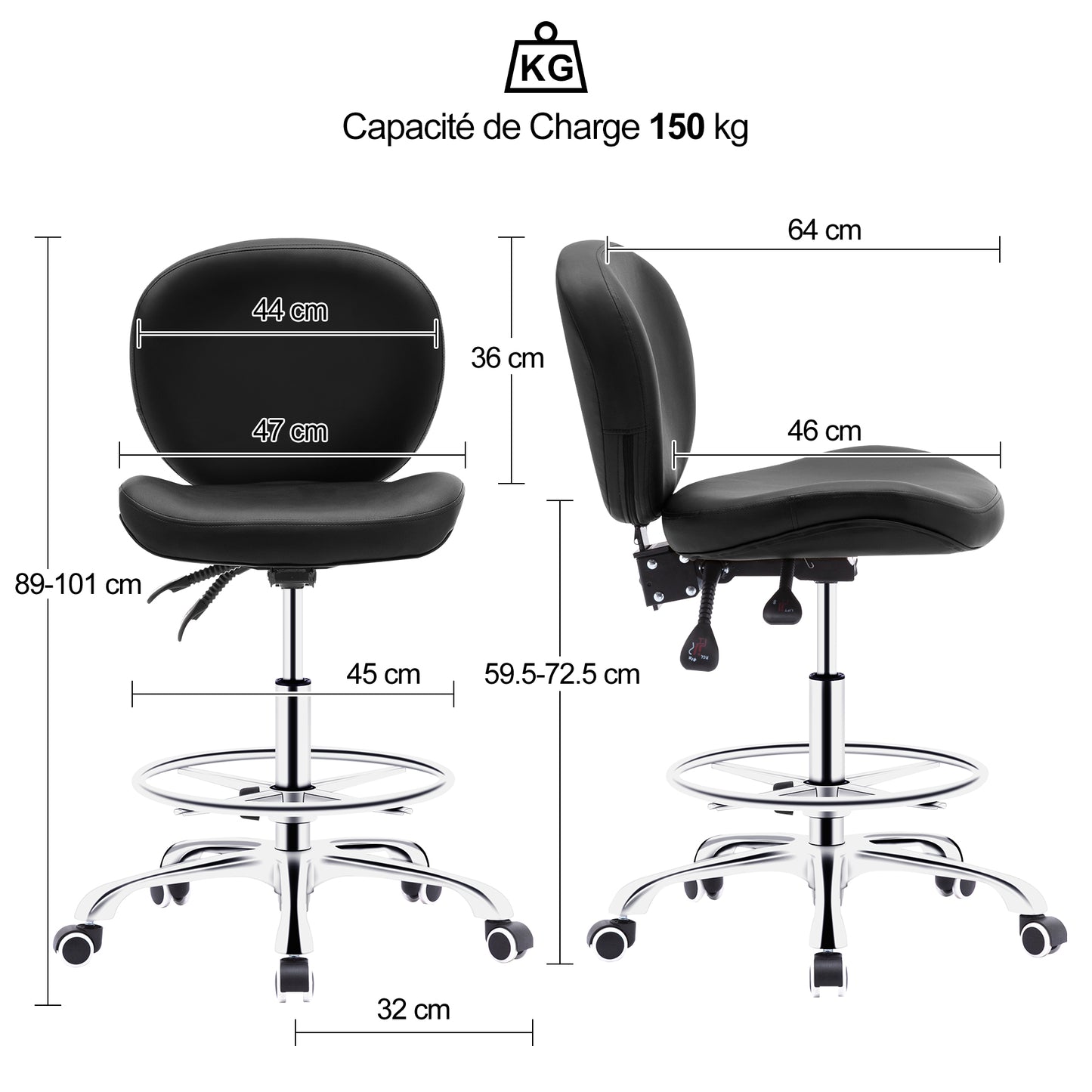 Tabouret roulettes avec Dossier et Anneau en Métal Rotation à 360° Hauteur Réglable 59,5-72,5cm Noir