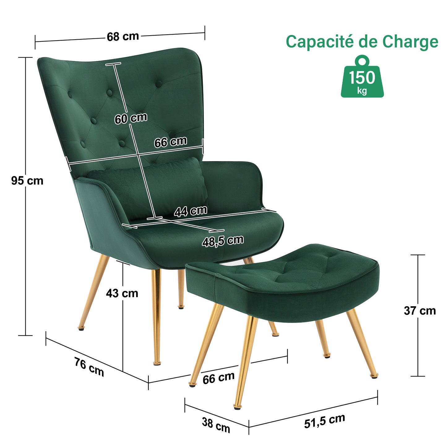 Fauteuil Scandinave avec Repose-Pieds,Support Lombaire et Pieds en Métal, Fauteuil Ergonomique Boutonnée de Dossier Vert Foncé