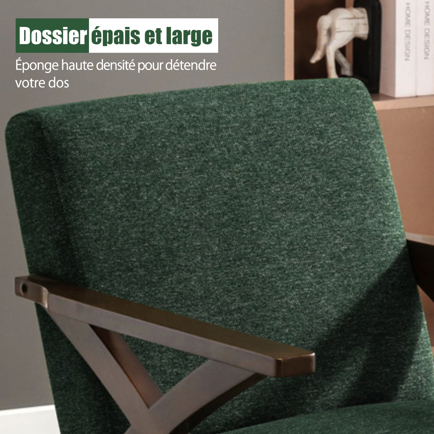 Fauteuil en Bois Massif  Fauteuil avec Conception d'Accoudoir en Forme X, Dossier Ergonomique pour bureau,chambre,salon, Vert Foncé