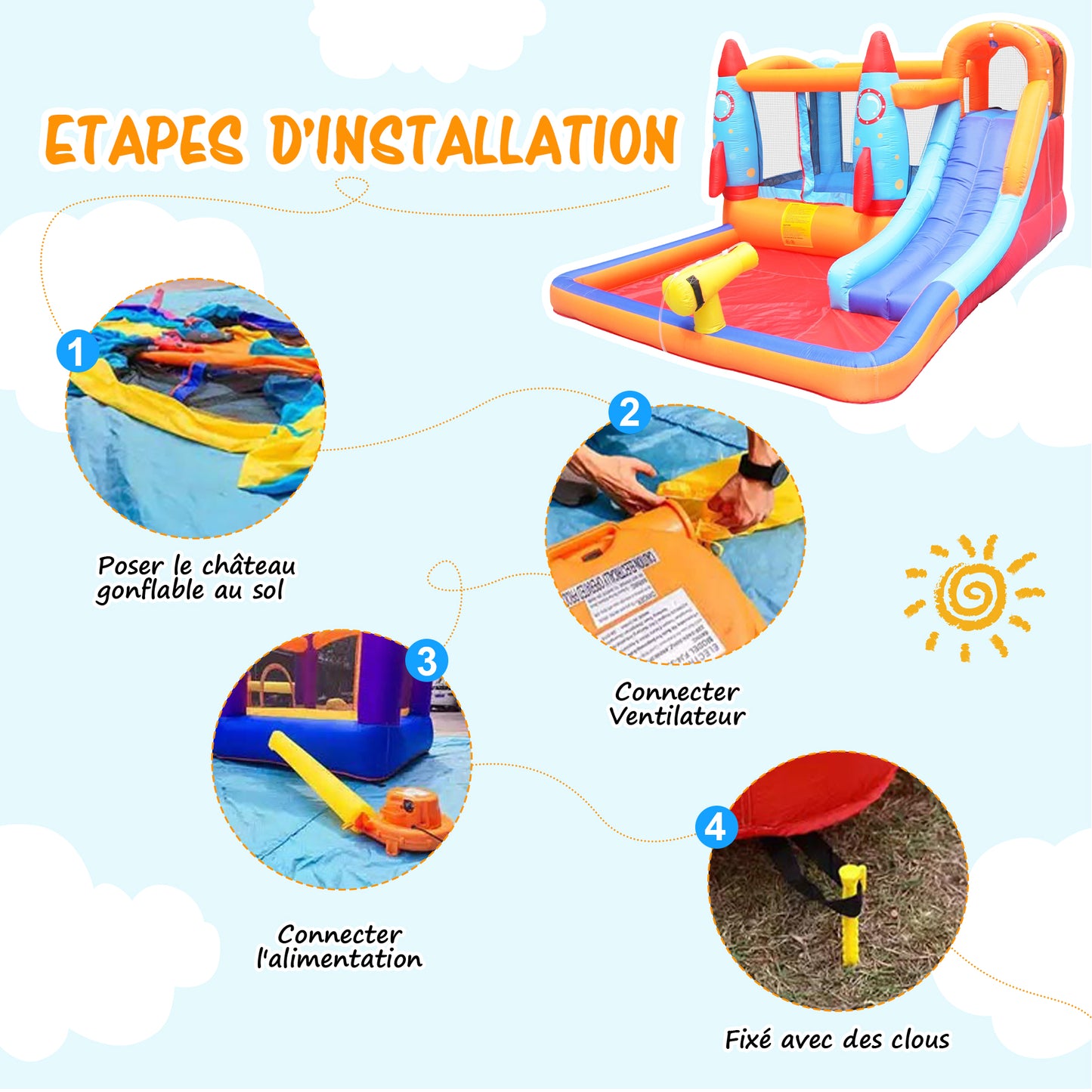 Toboggan gonflable avec piscine pour 3 Enfants Aire de jeux gonflable 370x260x185cm Poids Portant 90KG