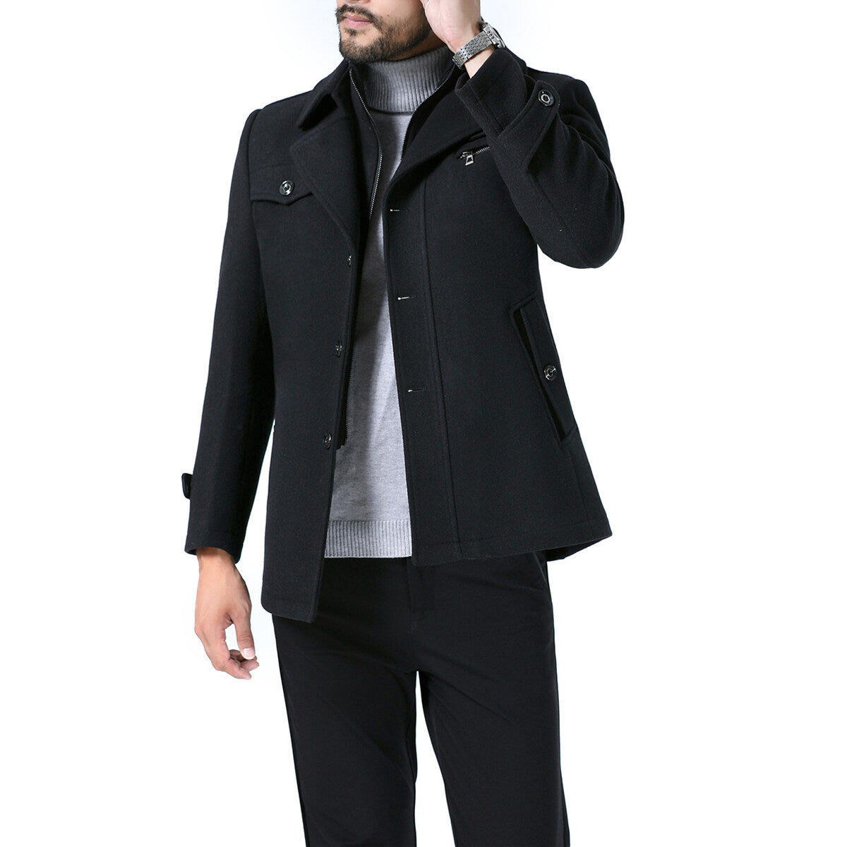 Youthup Mens Short Overcoat Fake Two-Piece Wool Jacket