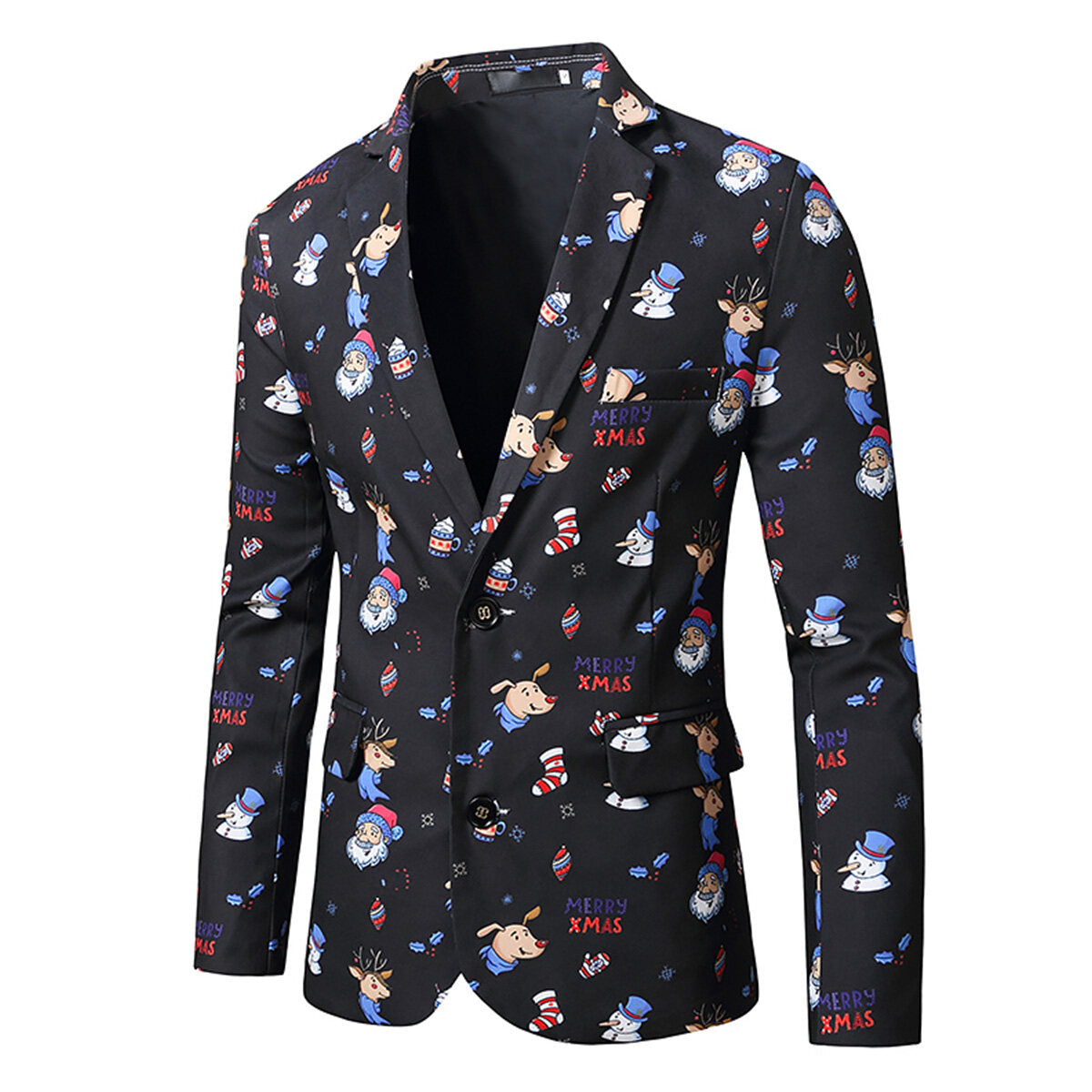 Youthup Mens Christmas Santa Claus Elk Print Slim Fit Suit Blazer