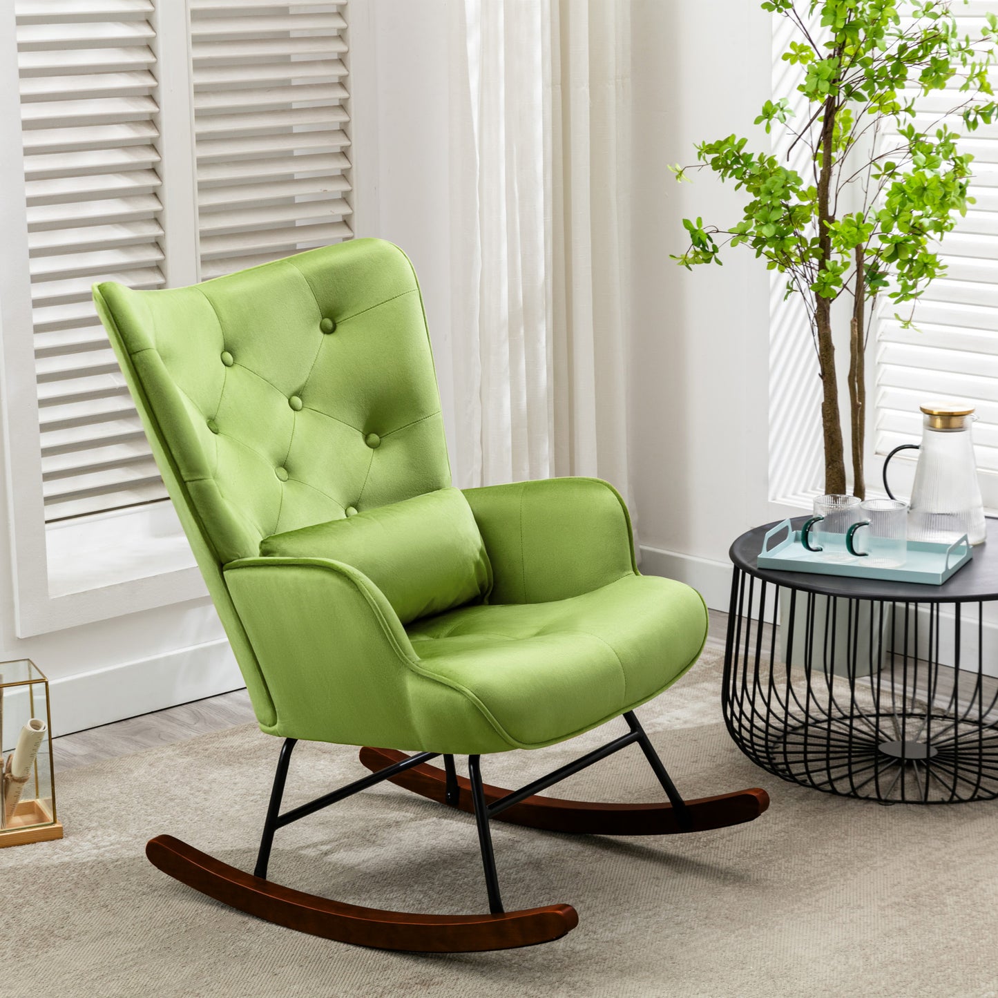 Mecedora mecedora de terciopelo con estructura de metal y base de madera silla tapizada para sala de estar sillón retro ocio silla de relajación para dormitorio habitación infantil verde claro