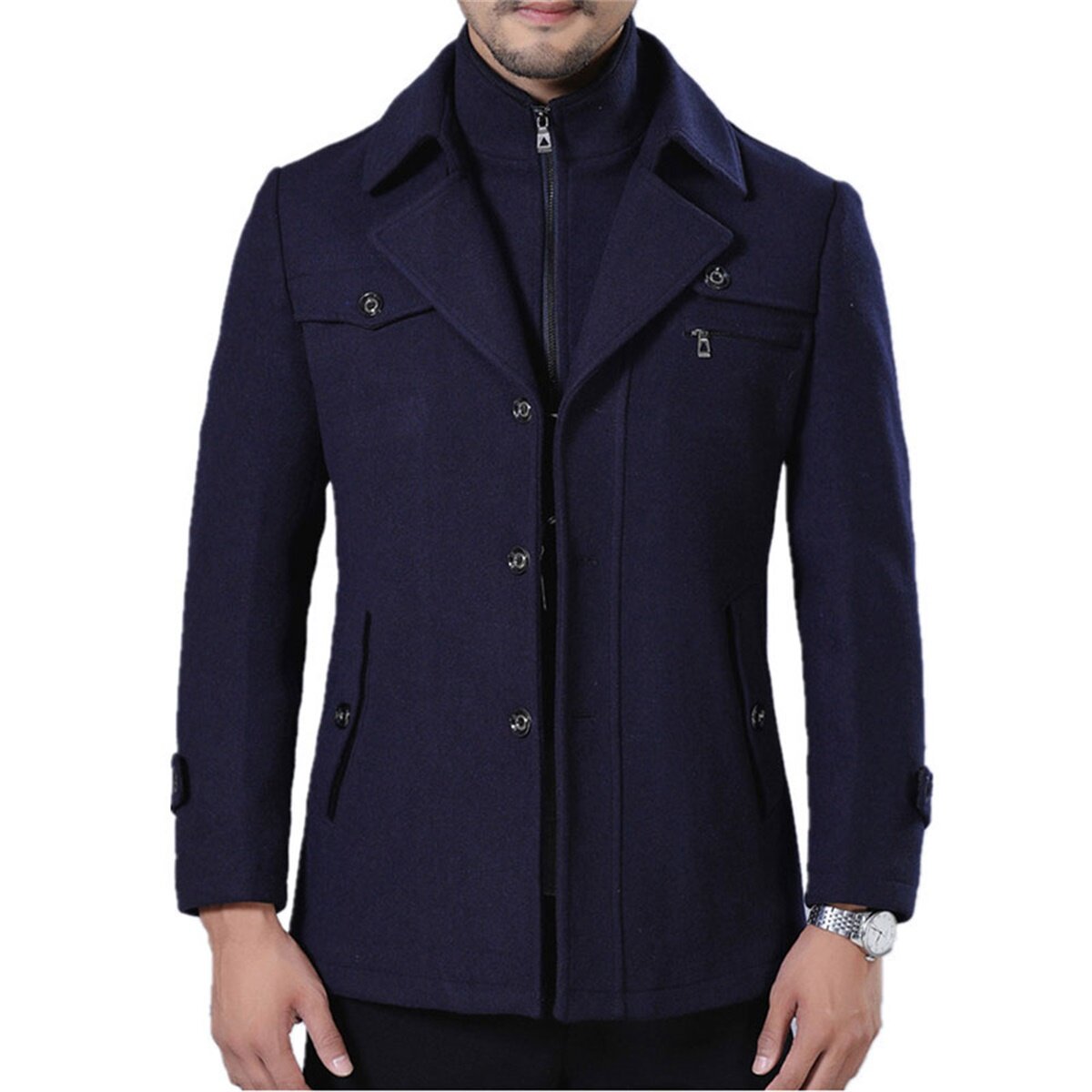 Youthup Mens Short Overcoat Fake Two-Piece Wool Jacket