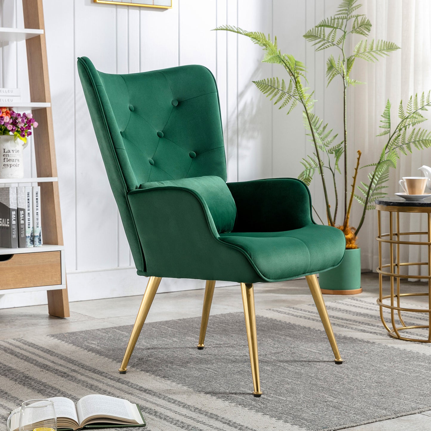 Poltrona de Relaxamento HomeMiYN Lounge Vintage(72x66x97cm - Veludo/Metal Dourado - Verde)