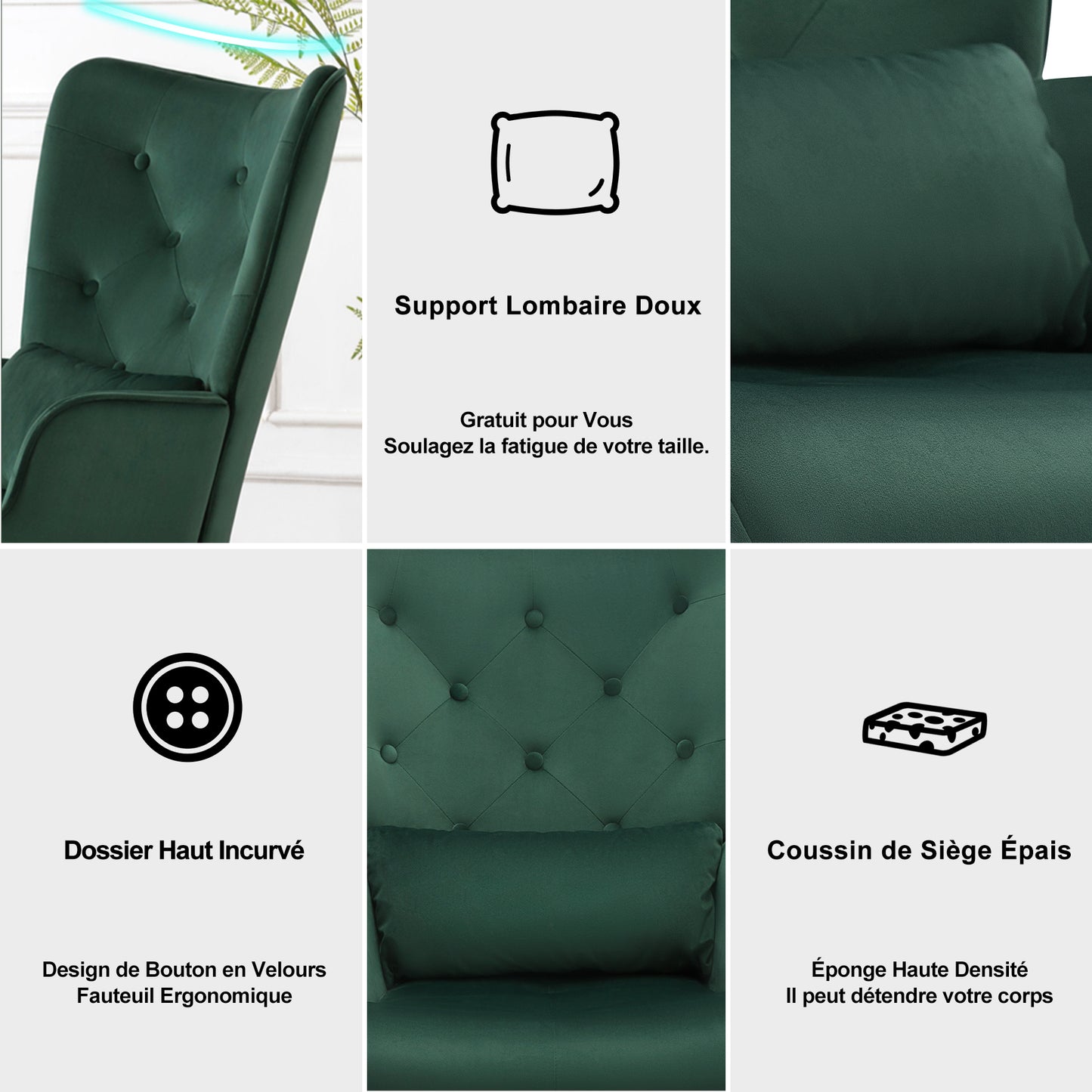Fauteuil Scandinave avec Repose-Pieds,Support Lombaire et Pieds en Métal, Fauteuil Ergonomique Boutonnée de Dossier Vert Foncé