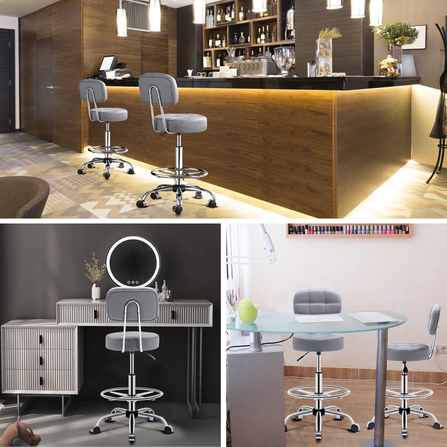 Tabouret roulettes avec Dossier et Anneau en Métal, Tabouret  Rotation à 360° Hauteur Réglable 63-76cm, Tabouret Ergonomique Gris