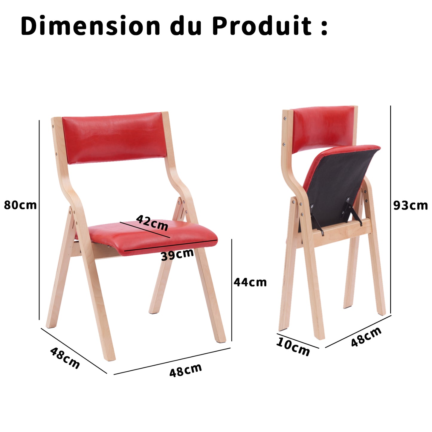 Lot de 2 Chaises Pliantes , Assise rembourrée en Cuir+Jambes en Bois Massif pour Salle à Manger, Salon, Balcon 48x42x80cm Rouge