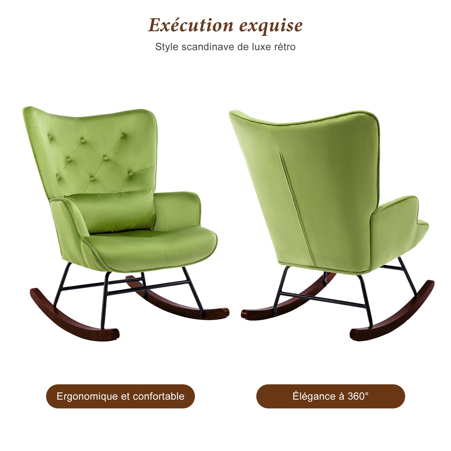 Fauteuil à Bascule  Rembourré en Velours Moderne  pour Salon, Chaise à Bascule à Dossier Haut avec Pieds en Bois, Vert gazon