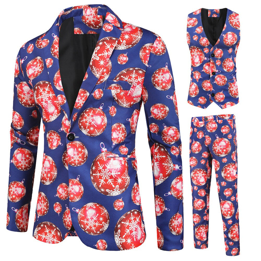YOUTHUP Mens 3 Piece Suit Snowflake Lantern Print Single Breasted Holiday Dress for Dinner or Party