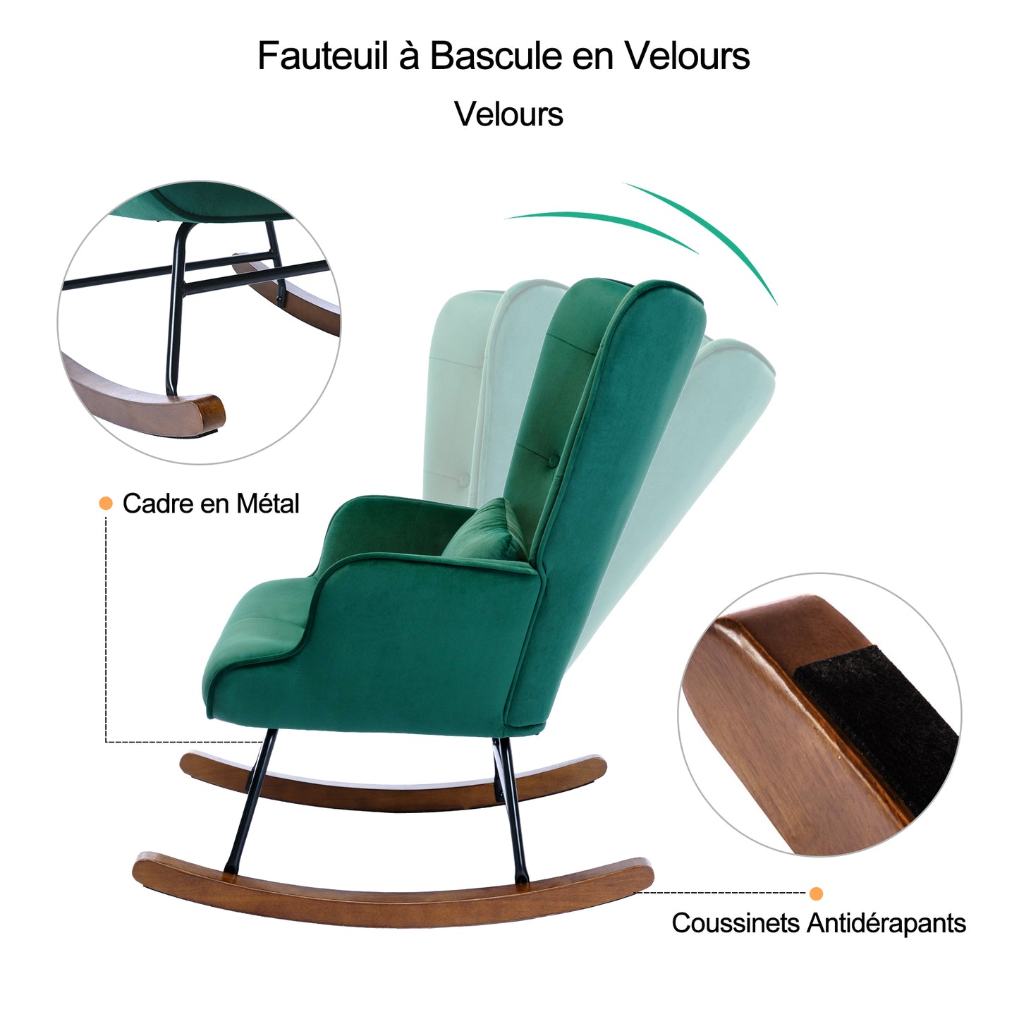 Fauteuil à Bascule  Rembourré en Velours Moderne  pour Salon, Chaise à Bascule à Dossier Haut avec Pieds en Bois, Vert Foncé
