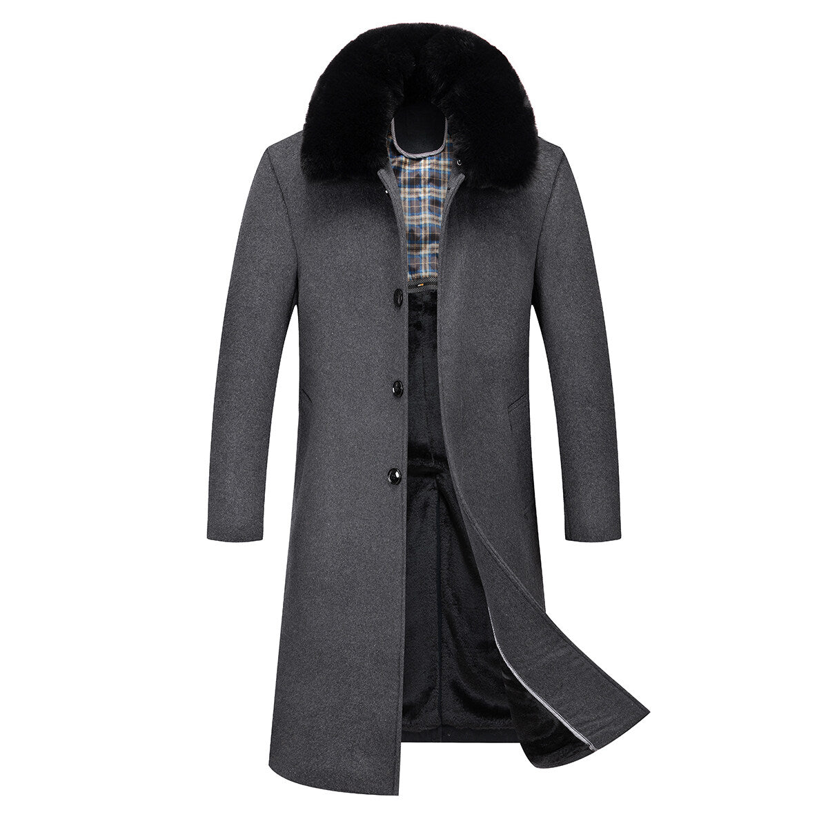 Youthup Mens Wool Blend Thick Four Button Slim Fit Detachable Fur Collar Coat