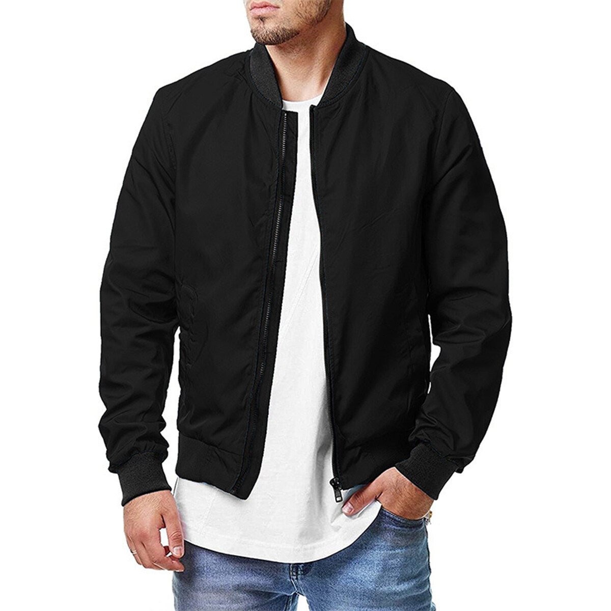 YOUTHUP Mens Bomber Jacket Classic Casual Solid Color Stand Collar Jacket