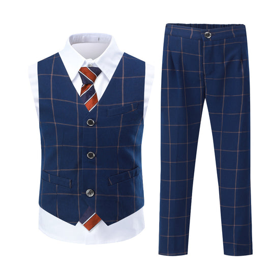 YOUTHUP 4-Pcs Boys Plaid Vest Set Formal Dress Suits Wedding Outfit