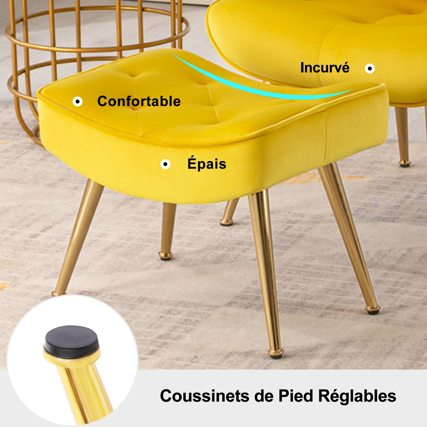 Fauteuil Scandinave avec Repose-Pieds,Support Lombaire et Pieds en Métal, Fauteuil Ergonomique Boutonnée de Dossier Jaune