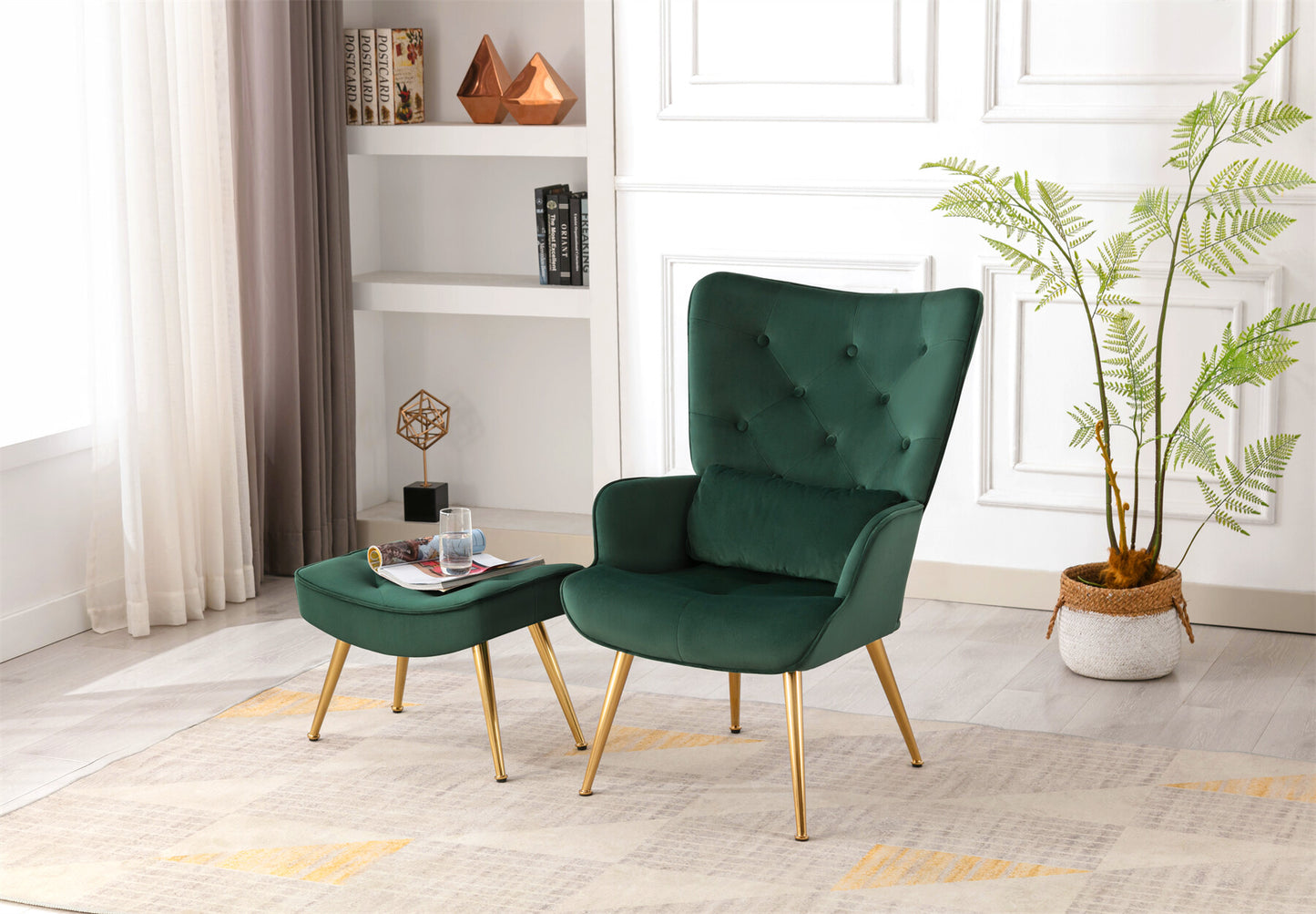 Cadeira de braços com banqueta Almofada de cintura Cadeira de relaxamento Pés de metal Poltrona retrô Sala de estar Cadeira de veludo TV Verde