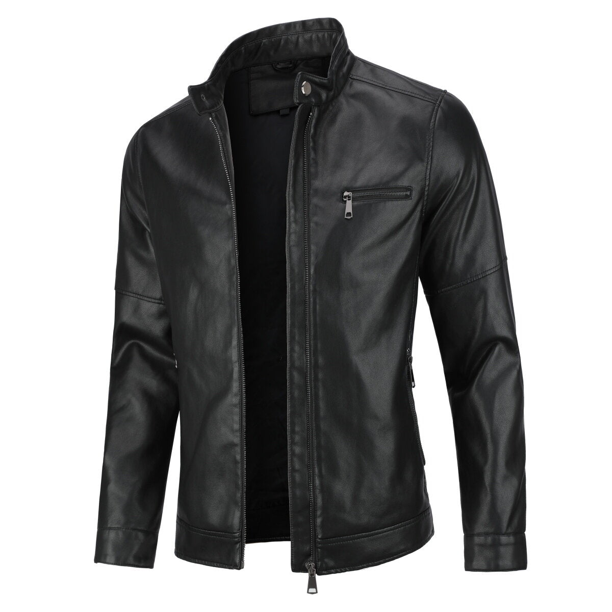 Youthup Mens Stand Collar Zip Pocket Leather Jacket