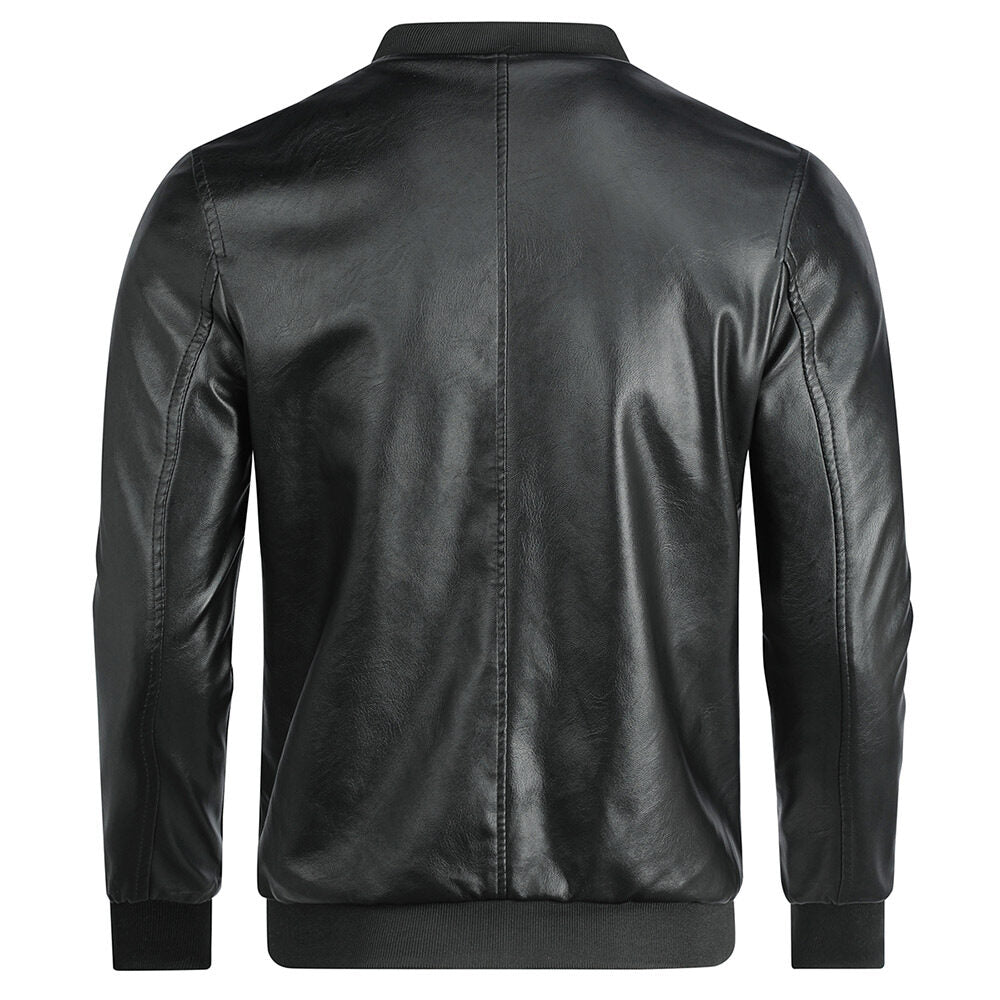 Youthup Mens Winter Round Neck Plush Lined Zipper Leather Jacket