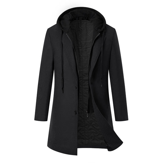 YOUTHUP Mens Hooded Long Wool Coat Padded Zipper Winter Outing Jacket