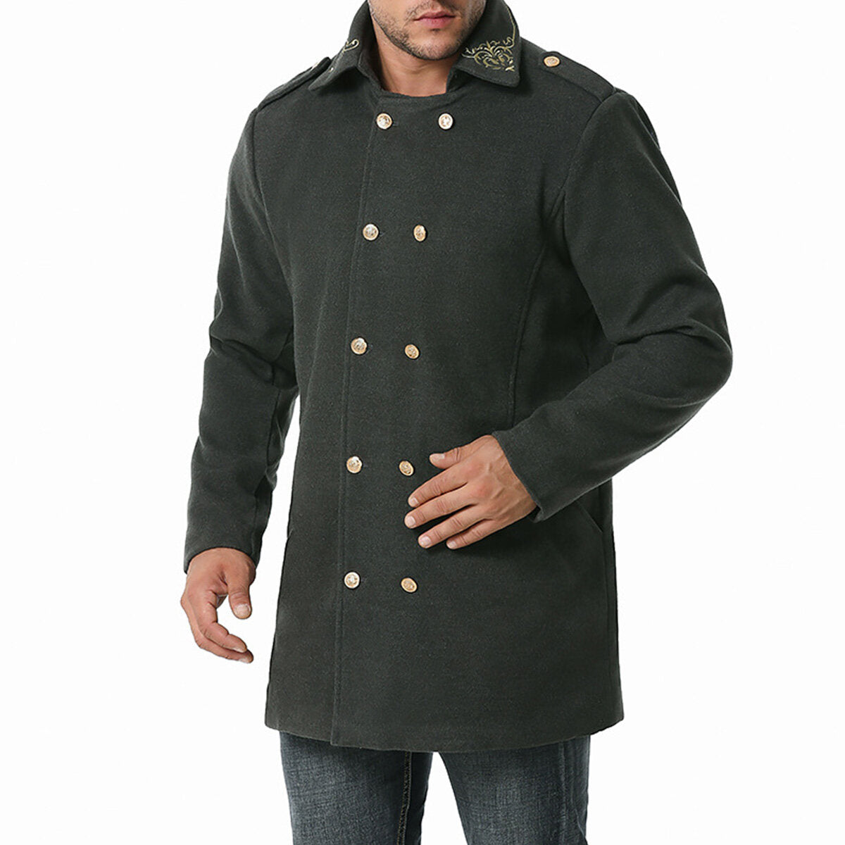 Youthup Mens Foil Stamping Print Lapel Wool Pea Coat