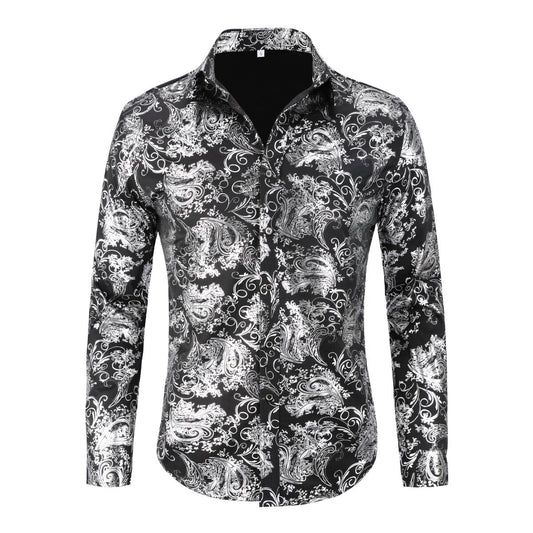 Youthup Mens Gold Stamping Paisley Pattern Bronzing Night Club Party Shirt