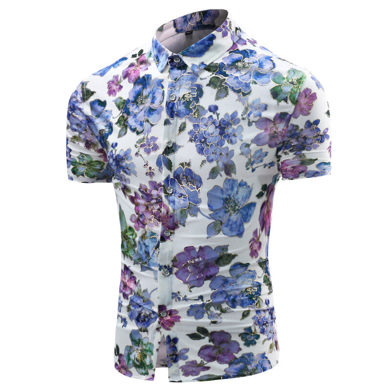 Youthup Mens Short-sleeved Flower Print Button Shirt