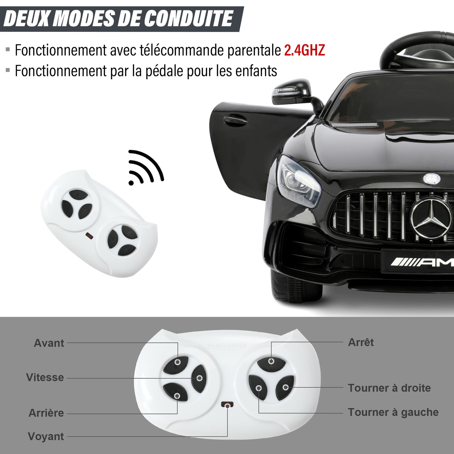 Voiture Electrique Mercedes-AMG GTR pour Enfant 3ans+,avec 2.4G Télécommande 2x15W 12V Vitesse 2km/h 25KG Portante, Noir