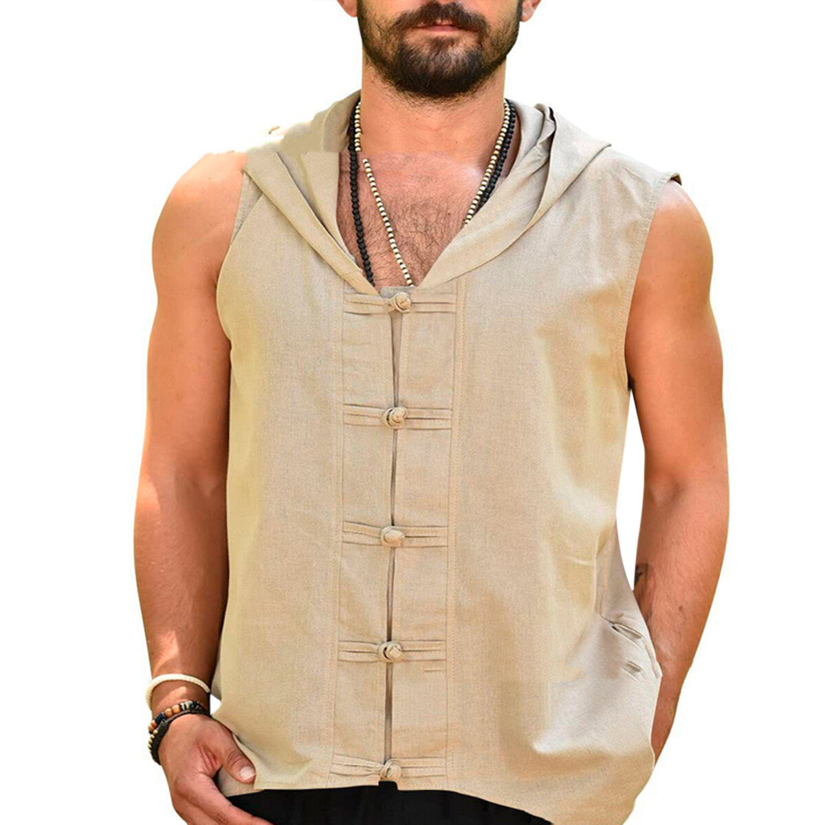Youthup Mens Linen Sleeveless Hooded T-Shirt
