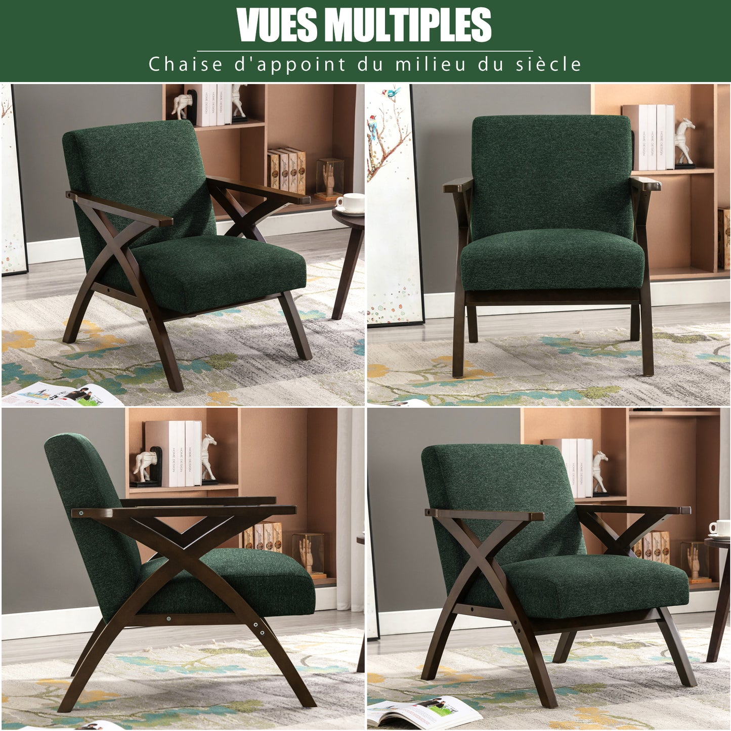 Fauteuil en Bois Massif  Fauteuil avec Conception d'Accoudoir en Forme X, Dossier Ergonomique pour bureau,chambre,salon, Vert Foncé
