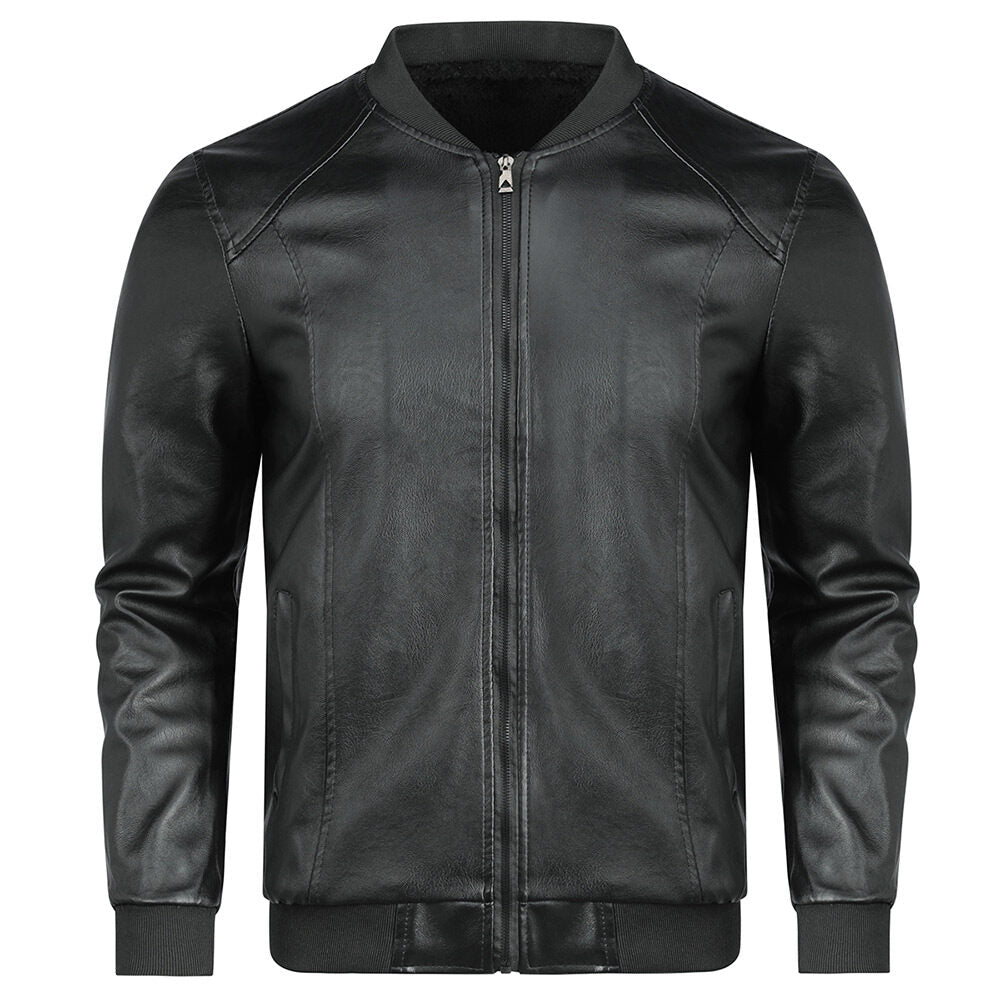 Youthup Mens Winter Round Neck Plush Lined Zipper Leather Jacket
