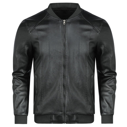 Youthup Mens Winter Round Neck Plush Lined Zipper Leather Jacket