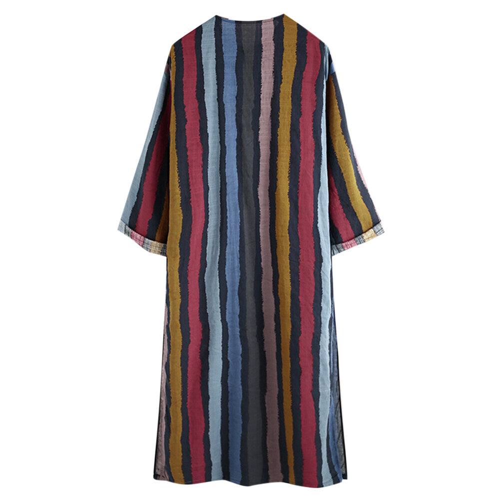 Youthup Mens Striped Color Block Robe Lightweight Cotton Long Nightdress