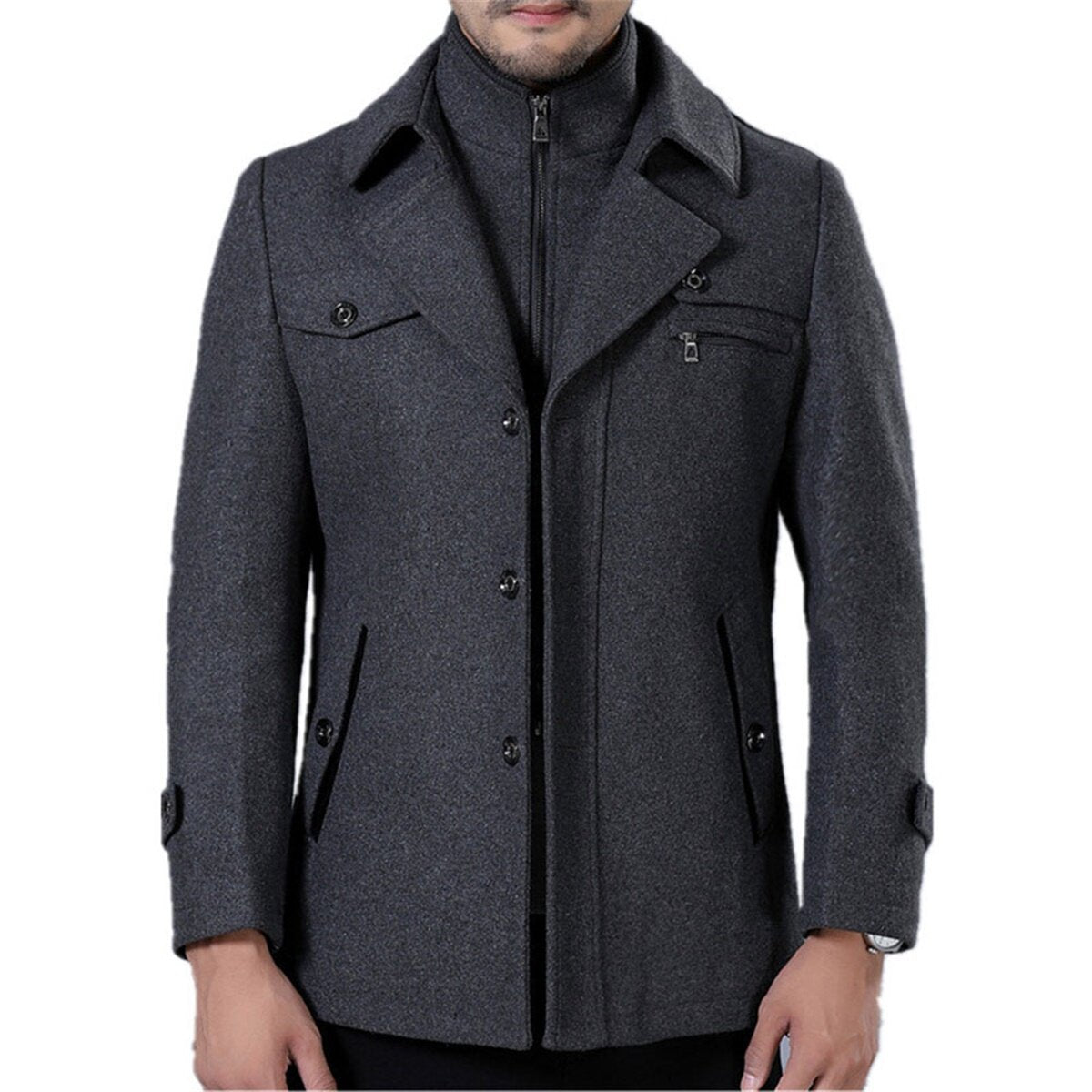 Youthup Mens Short Overcoat Fake Two-Piece Wool Jacket