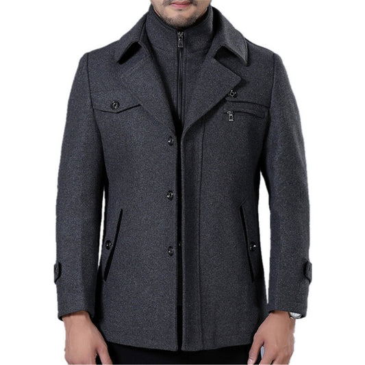 Youthup Mens Short Overcoat Fake Two-Piece Wool Jacket