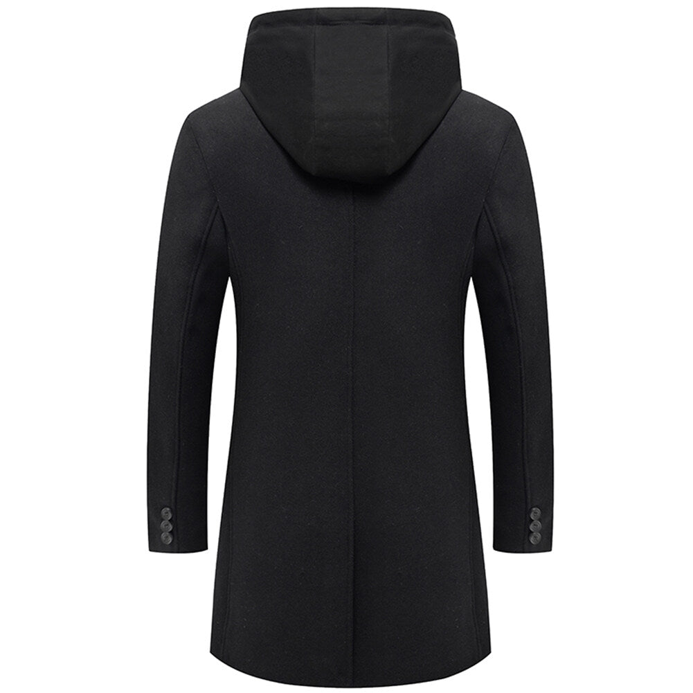 Youthup Mens Slim Fit Wool Coat Elegant Removable Hood Trench Overcoat