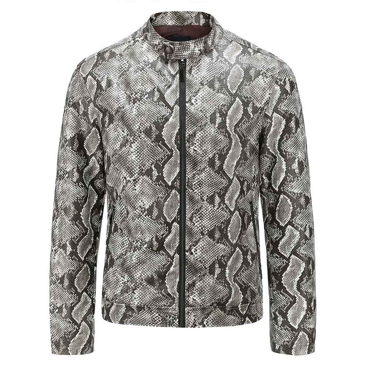 Youthup Mens Stand Collar Snake Print Full-Zip Pu Leather Jacket