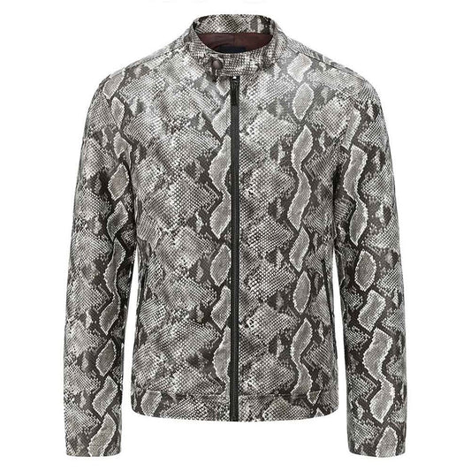 Youthup Mens Stand Collar Snake Print Full-Zip Pu Leather Jacket
