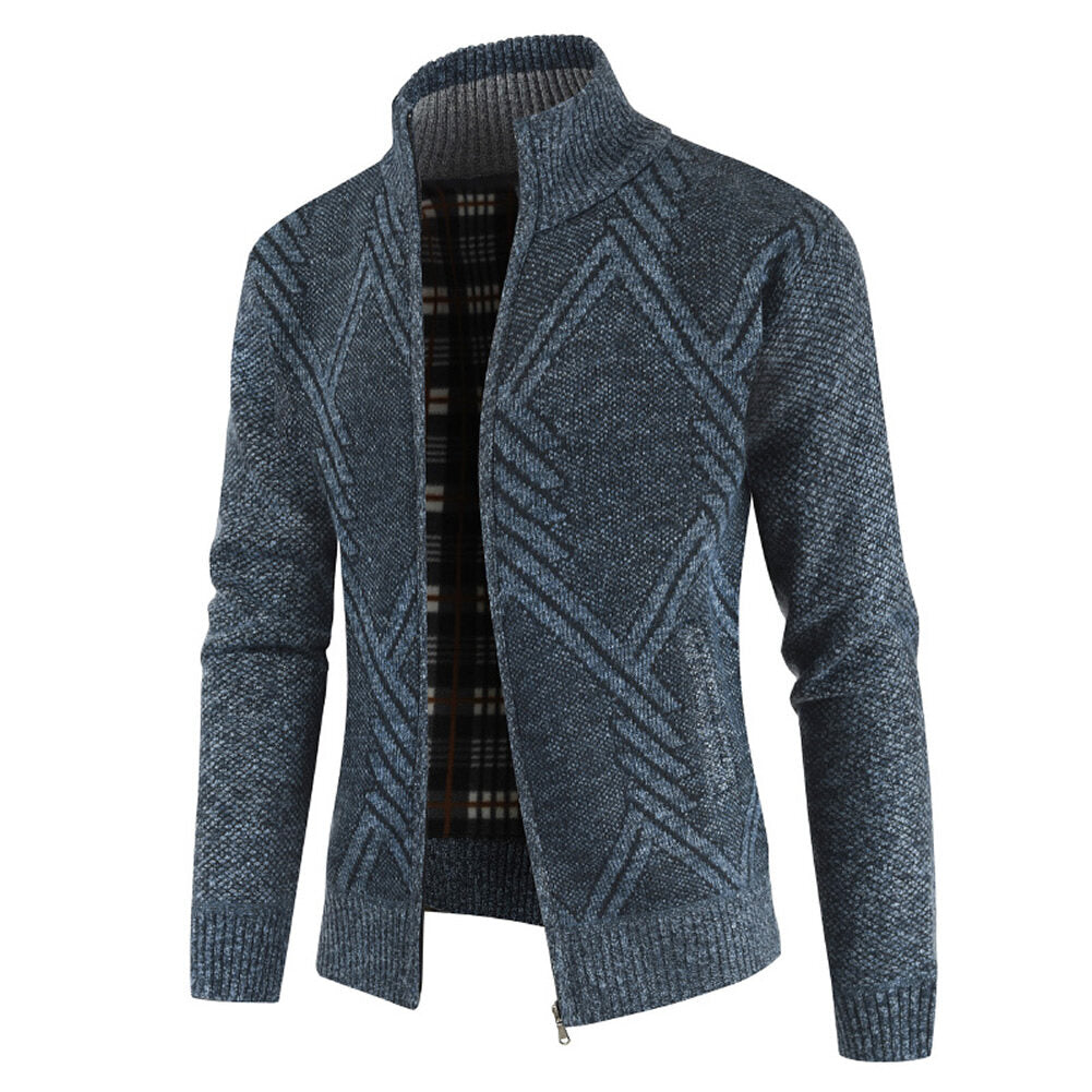 Youthup Mens Fleece Stand Collar Geometric Pattern Knitted Cardigan