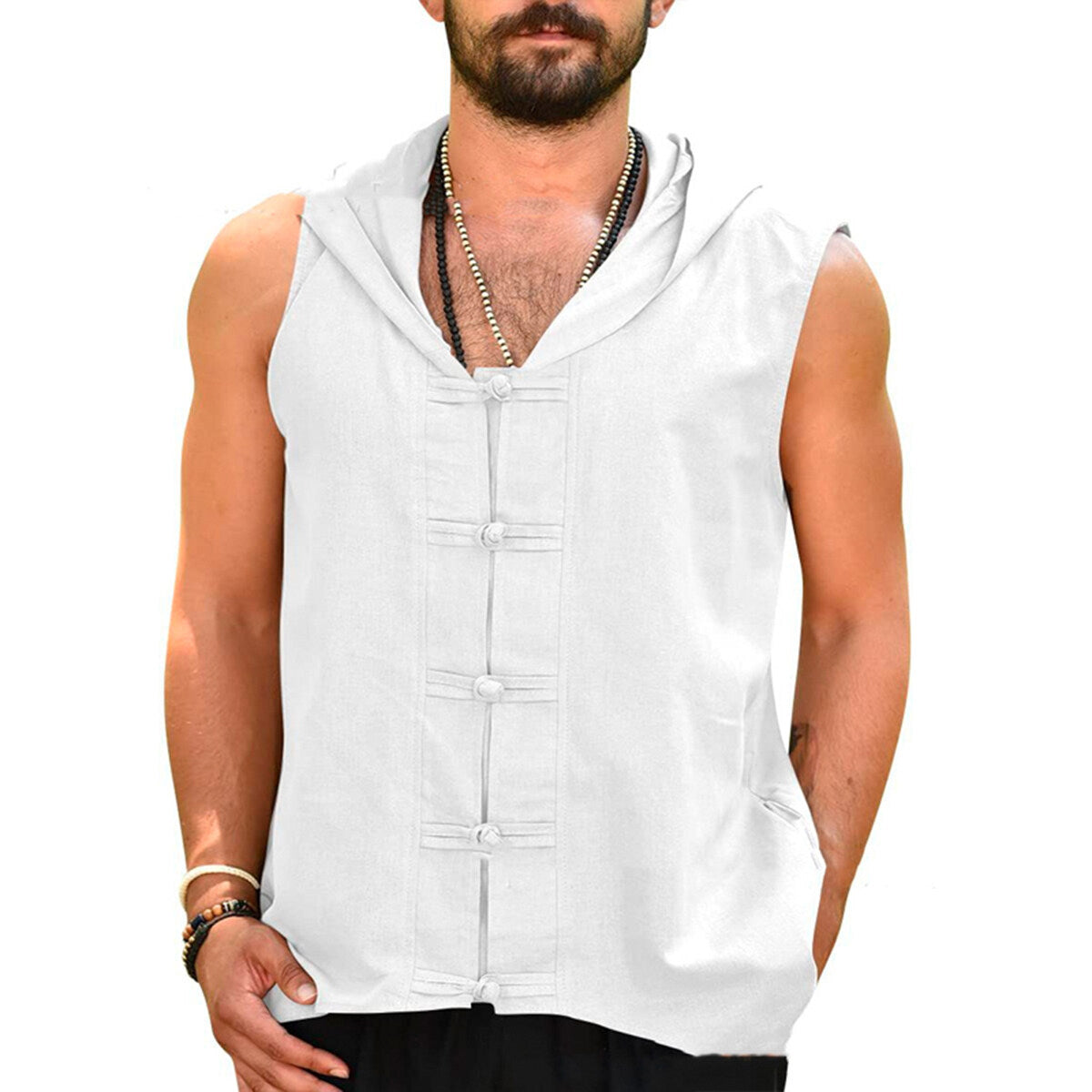 Youthup Mens Linen Sleeveless Hooded T-Shirt