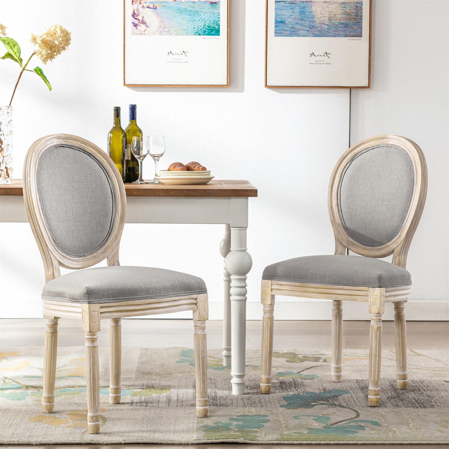 Silla de comedor barroca, sillas de comedor estilo rústico francés, silla barroca, silla tapizada, juego de 2 sillas de cocina de madera, color gris