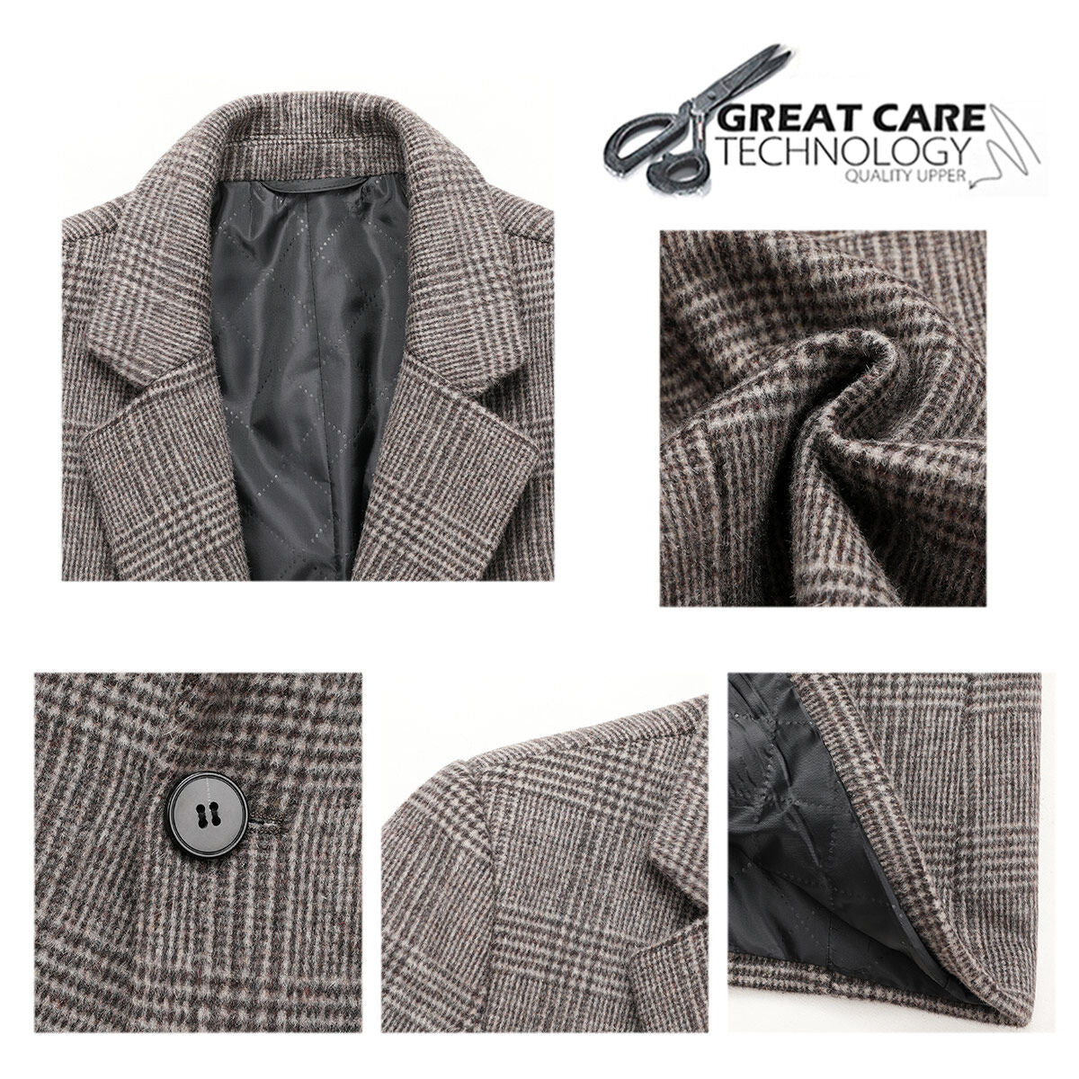 Youthup Mens Wool Blend Coat Solid Plaid Business Fashion Overcoat