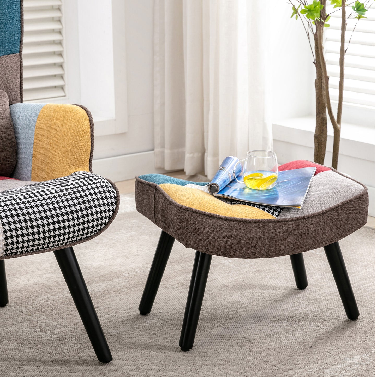 Sillón relajante con taburete Sillón patchwork sillón de madera salón, sillón de TV moderno sillón de lino patas de madera maciza
