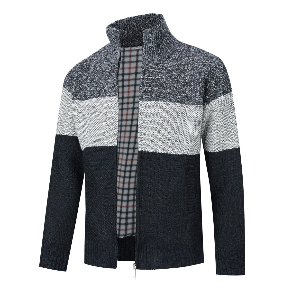 Youthup Mens Stand Collar Sweater Color Block Knit Cardigan
