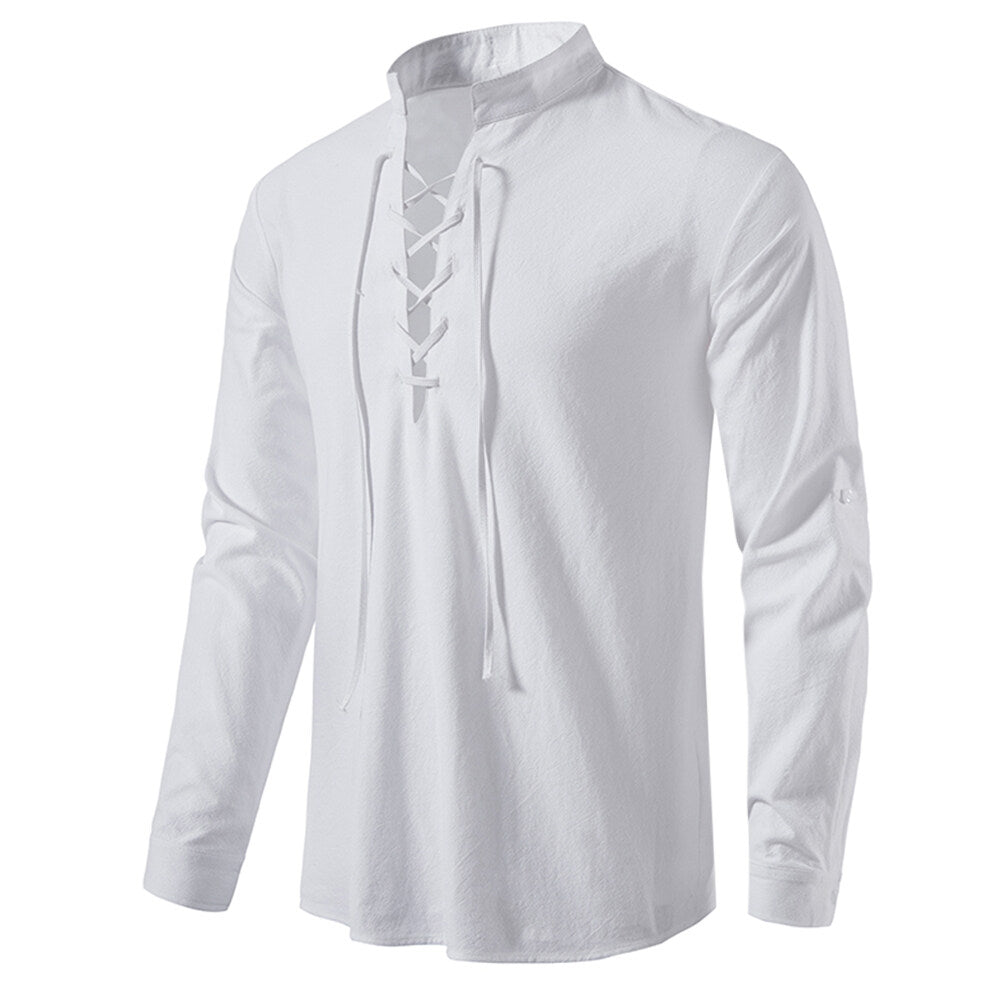 YOUTHUP Mens Summer Cotton Shirts Casual Beach Party Stand Collar Tie Long Sleeves Top