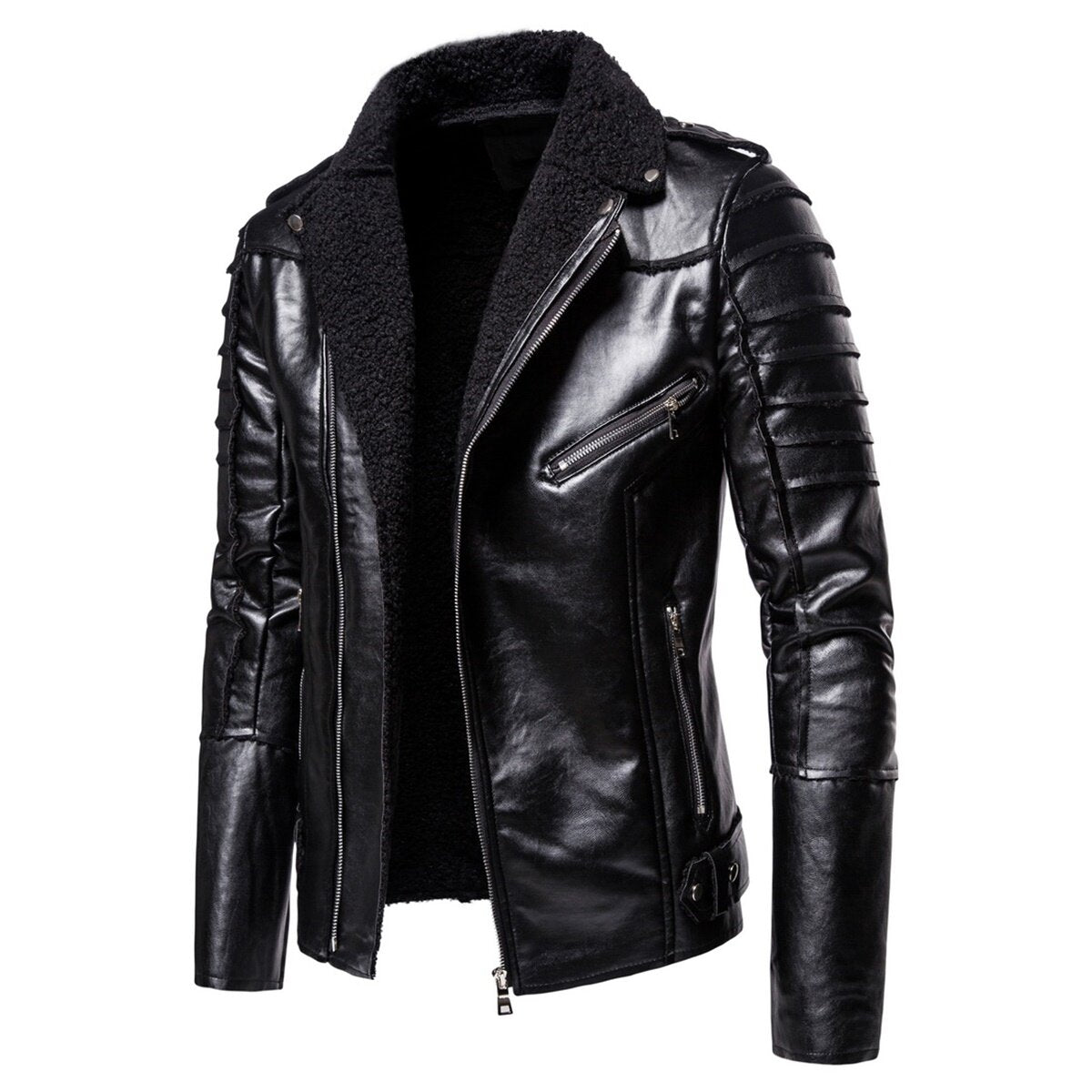Youthup Mens Plus Velvet Lapel Leather Jacket